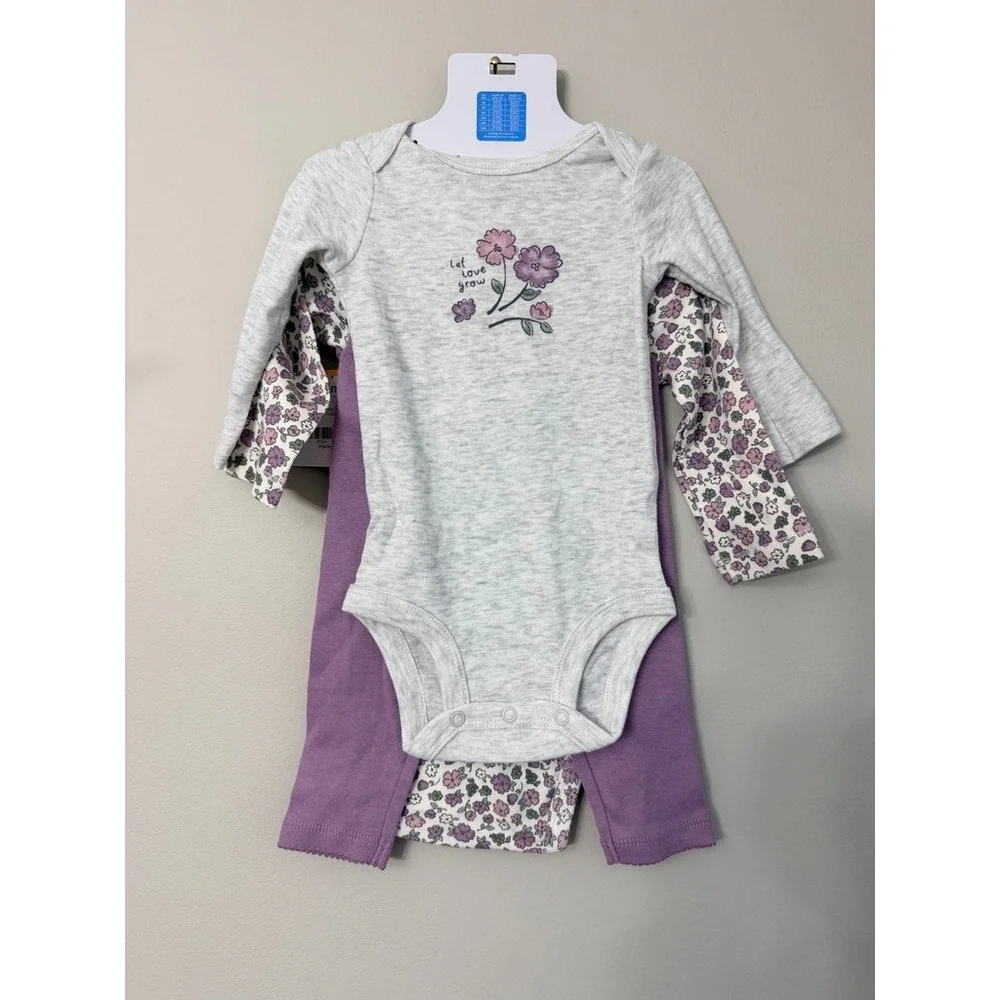 Carter's 3pc Bodysuit & Pants Set Baby Girl 6M Purple Floral Heather Gray NWT